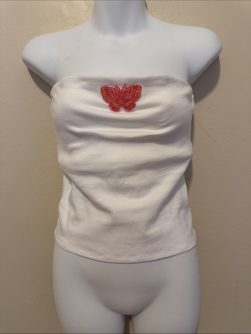 Derek Heart White Strapless Tube Top with Pink Butterfly Accent